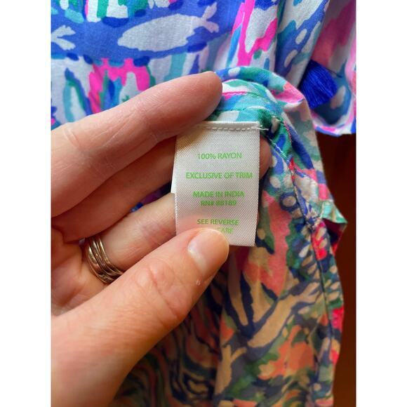 Lilly Pulitzer Women XS Top Tunic‎ Short Sleeve Sydney Caftan Pink Blue Tassels - Picture 16 of 16